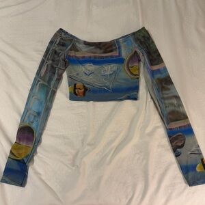 ZARA Sheer Mesh Long Sleeve Crop Top – Art Print – Size S